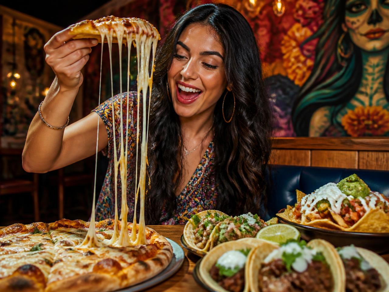 Arianna Garcia pulling a cheesy slice of pizza at a Denton restaurant